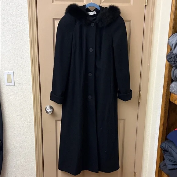 Vintage JULIA KLIEN Black Wool Fox Fur-Trimmed Hood Women's Coat - Picture 1 of 6